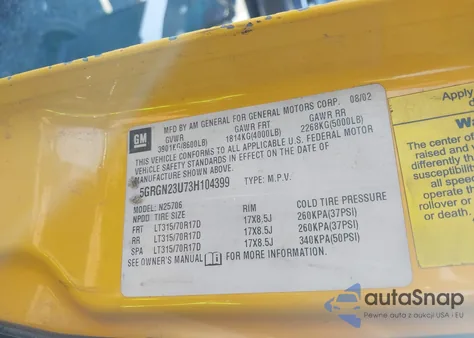 2003 Hummer H2 from USA, damaged, VIN 5GRGN23U73H104399